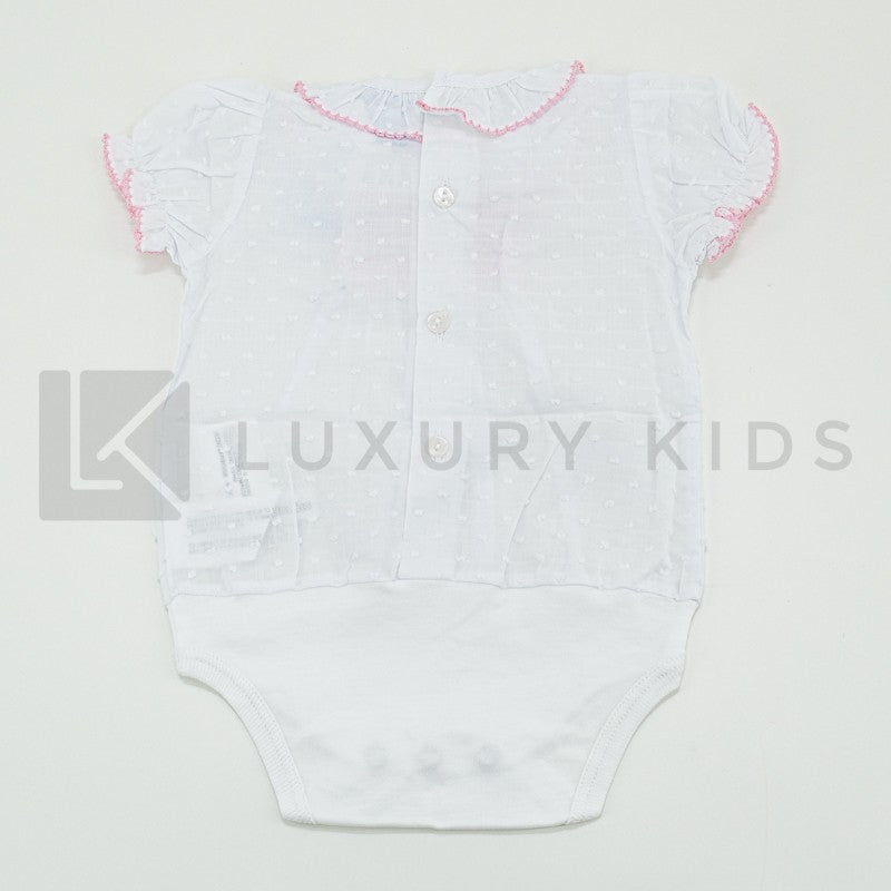 Body In Cotone Plumetil Mezza Manica In Tinta Unita Bianco Con Punto Smoke Rosa E Collo Volant Neonata SARDON LA413 - SARDON - LuxuryKids