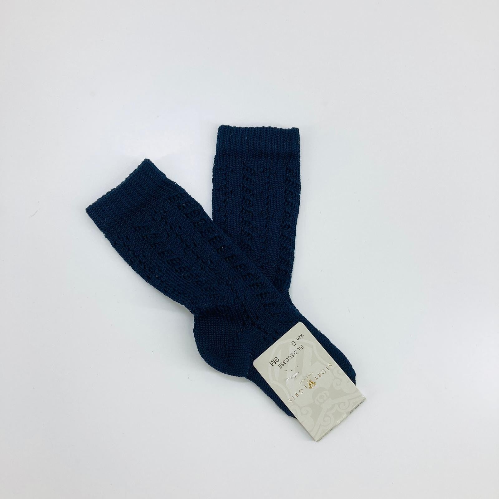 Calzettone In Filo di Scozia Lungo Traforato Blu Neonato Story Loris 07352 - STORY LORIS - LuxuryKids