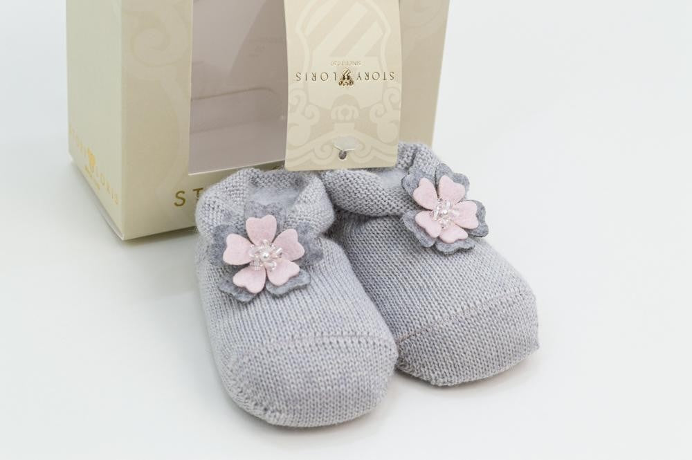 Calzino Scarpetta In 100% lana vergine Con Applicazione Di Fiore In Pannolencia Con Cristallo Neonata Story Loris 3279 - STORY LORIS - LuxuryKids