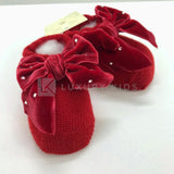 Calzino Scarpetta In 100% lana vergine Con Applicazione Di Fiocco In Velluto Con Swarovsky Neonata Story Loris 3713 - STORY LORIS - LuxuryKids