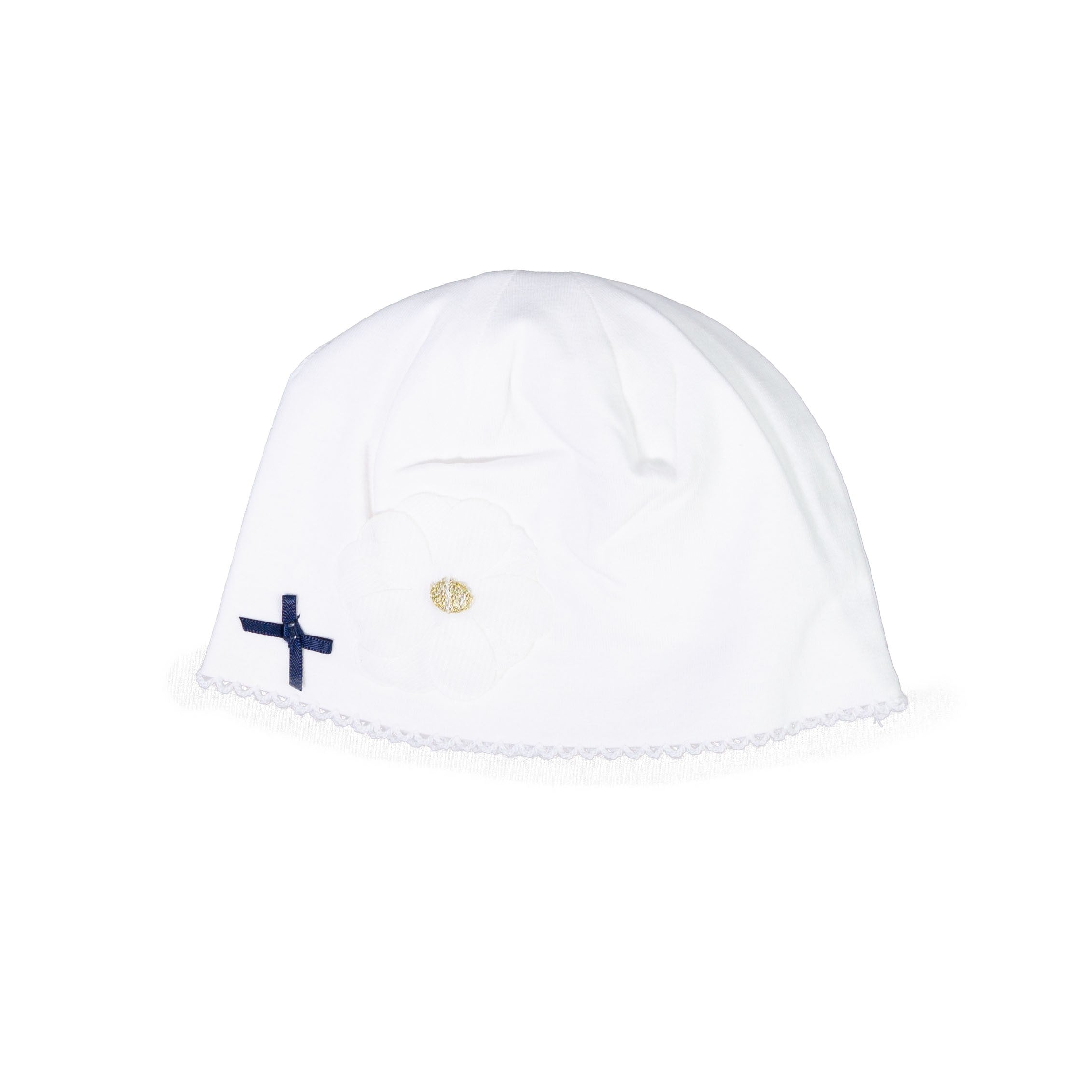 Cappello In Cotone In Tinta Unita Bianco Con Fiore Neonata MINIBANDA J346 - MINIBANDA - LuxuryKids