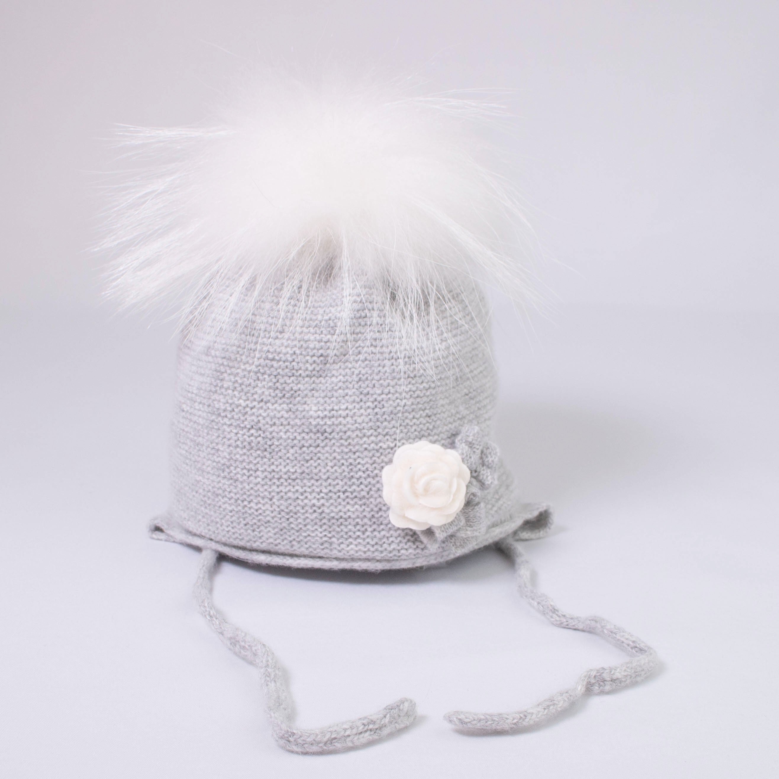 Cappello Lana Cashmere Con Pompon Fiorellini Grigio Neonata Jamiks JZD069 - JAMIKS - LuxuryKids