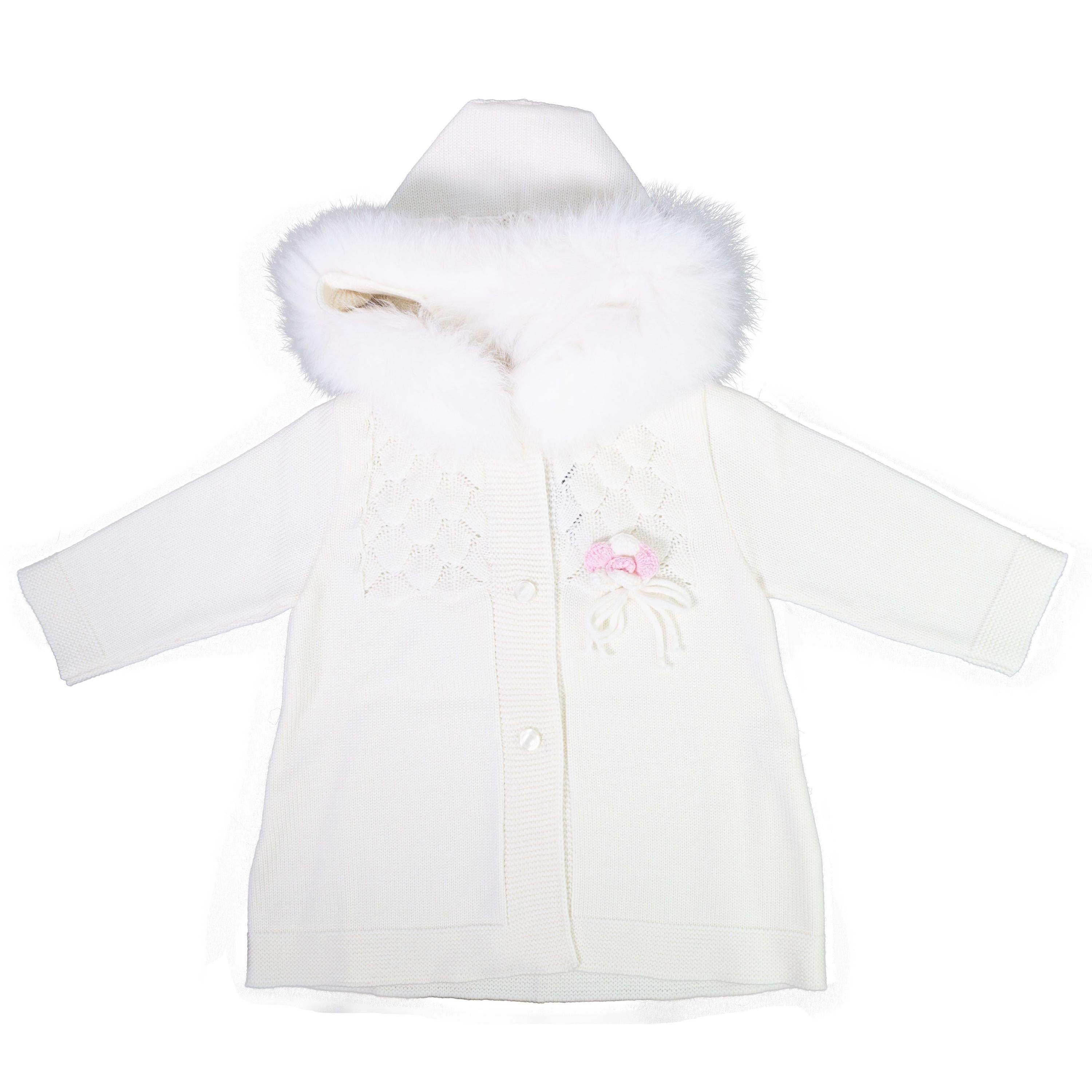 Cappottino In Lana 100% Certificata Con Cappuccio  Bordato In Volpe Panna Neonata Luana 3083 - CREAZIONI LUANA - LuxuryKids