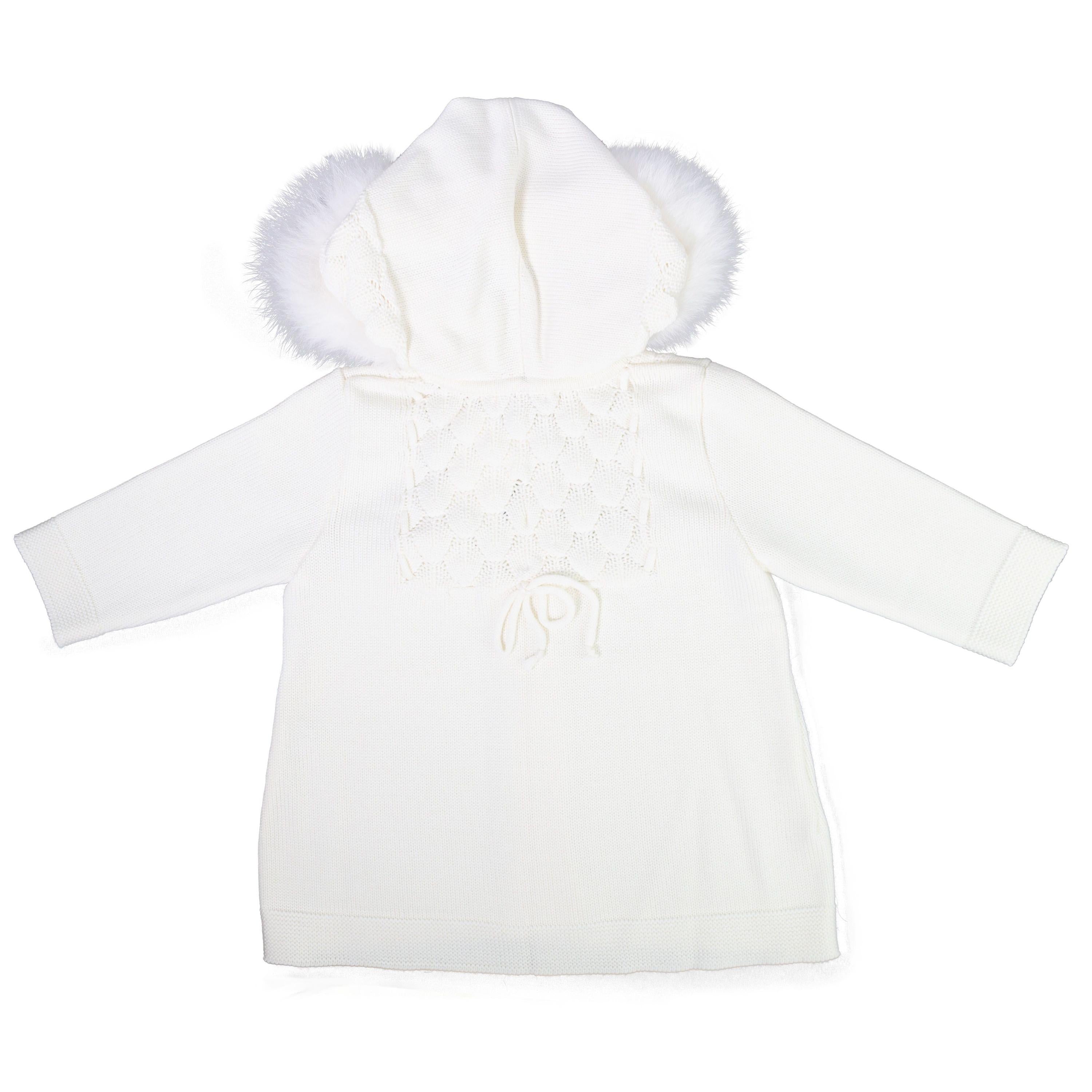 Cappottino In Lana 100% Certificata Con Cappuccio  Bordato In Volpe Panna Neonata Luana 3083 - CREAZIONI LUANA - LuxuryKids