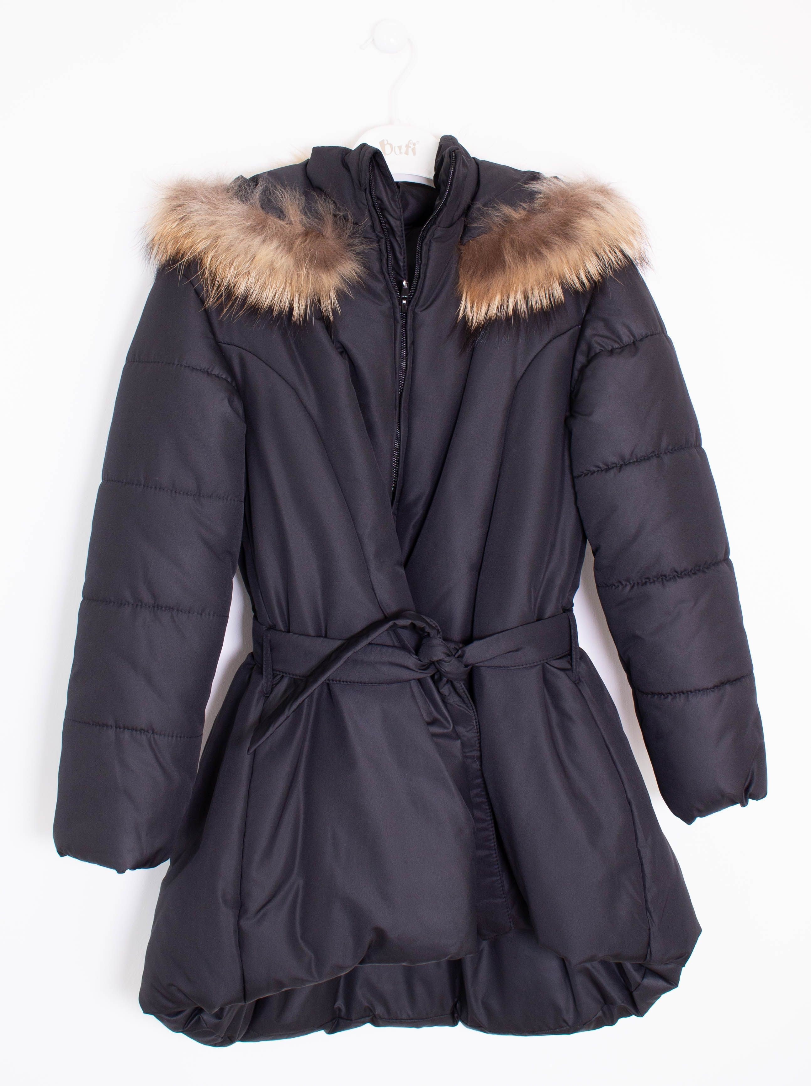 Cappotto Lungo con Cappuccio Ecopelliccia Nero Bambina BUFI B329AJ - BUFI - LuxuryKids