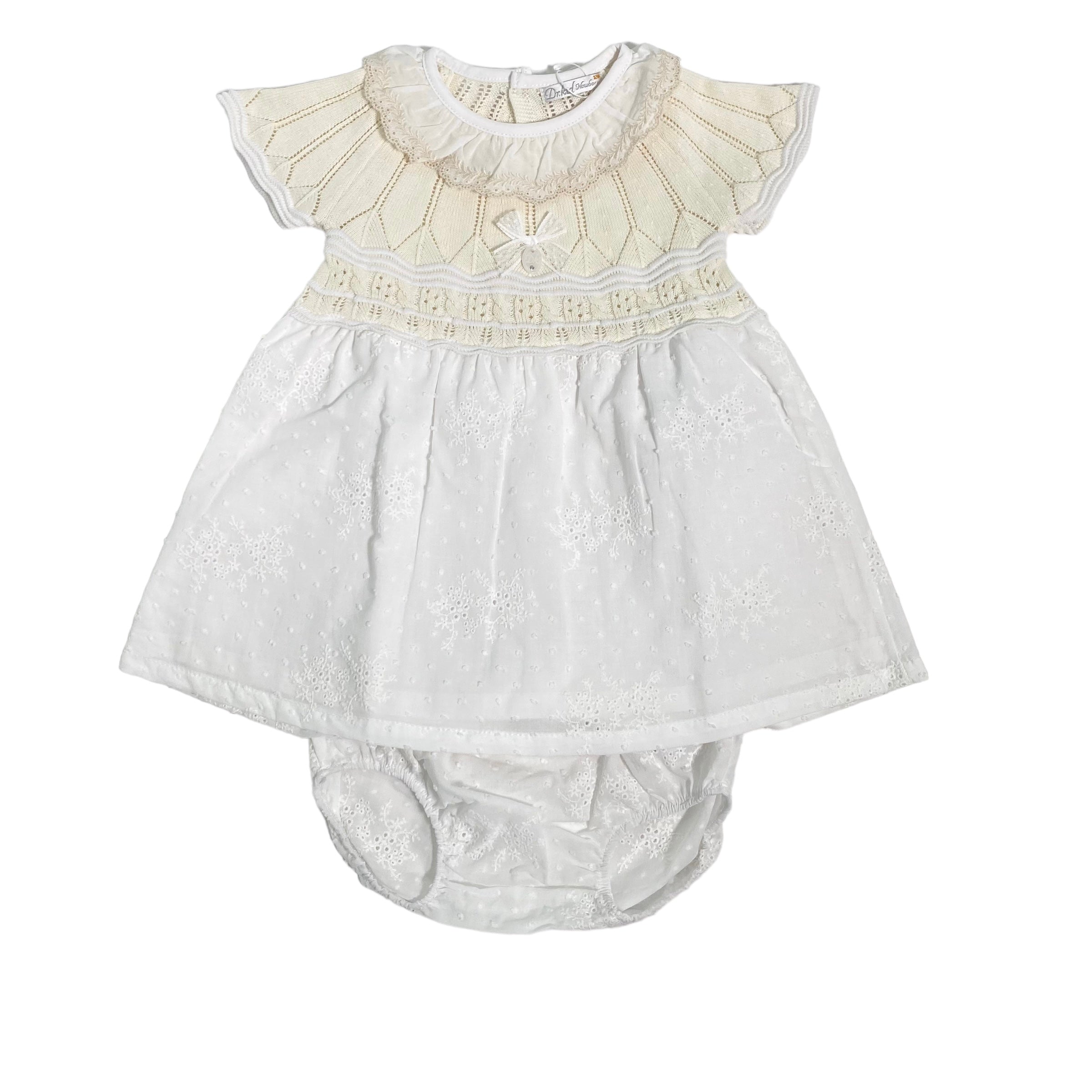 Abito Con Culotte In Cotone E Pizzo San Gallo Beige Neonata DR KID DK162 - DR KID - Luxury Kids