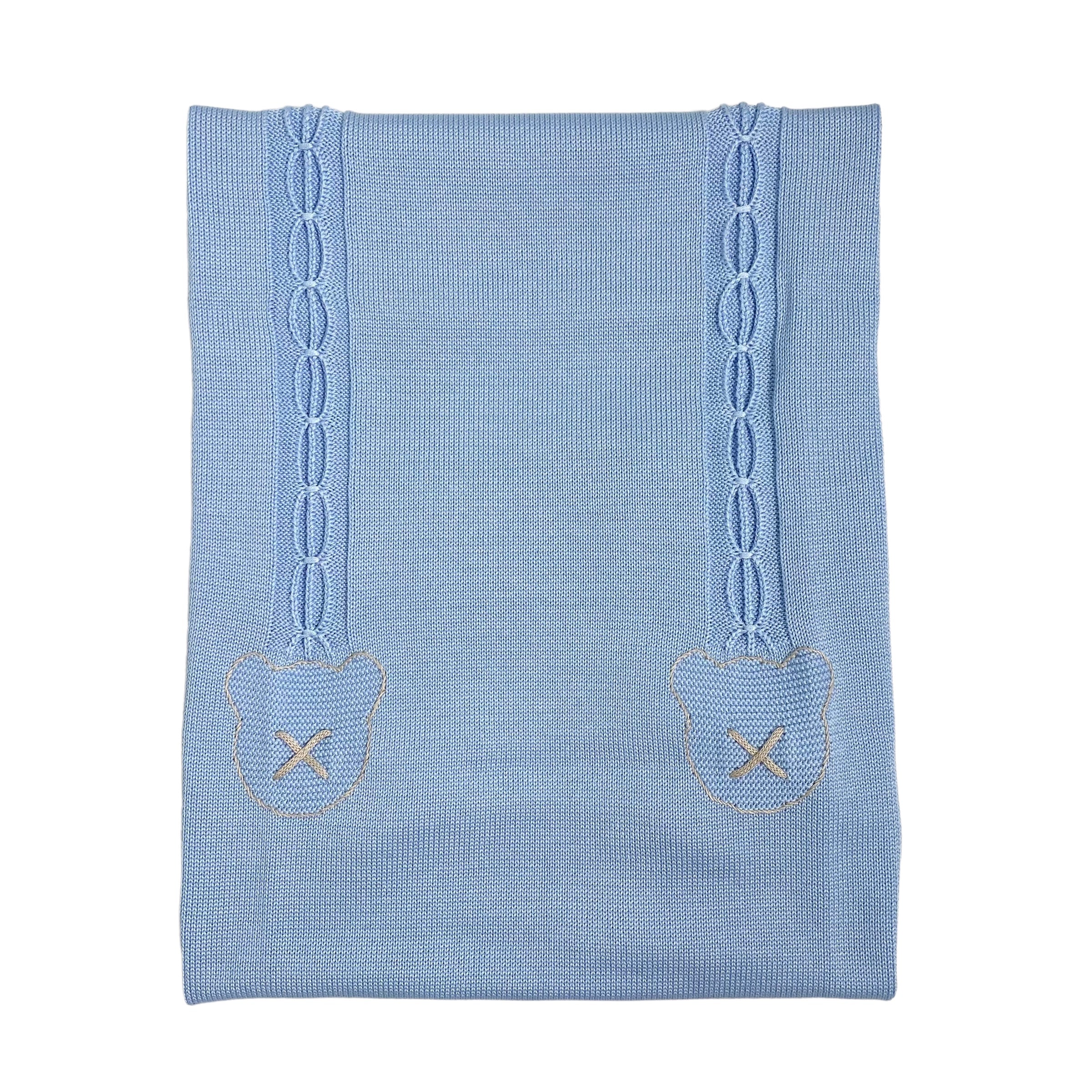 Coperta Scialle In Filo Di Cotone Con Trecce E Orso Celeste Neonato CREAZIONI LUANA 1020 - CREAZIONI LUANA - Luxury Kids