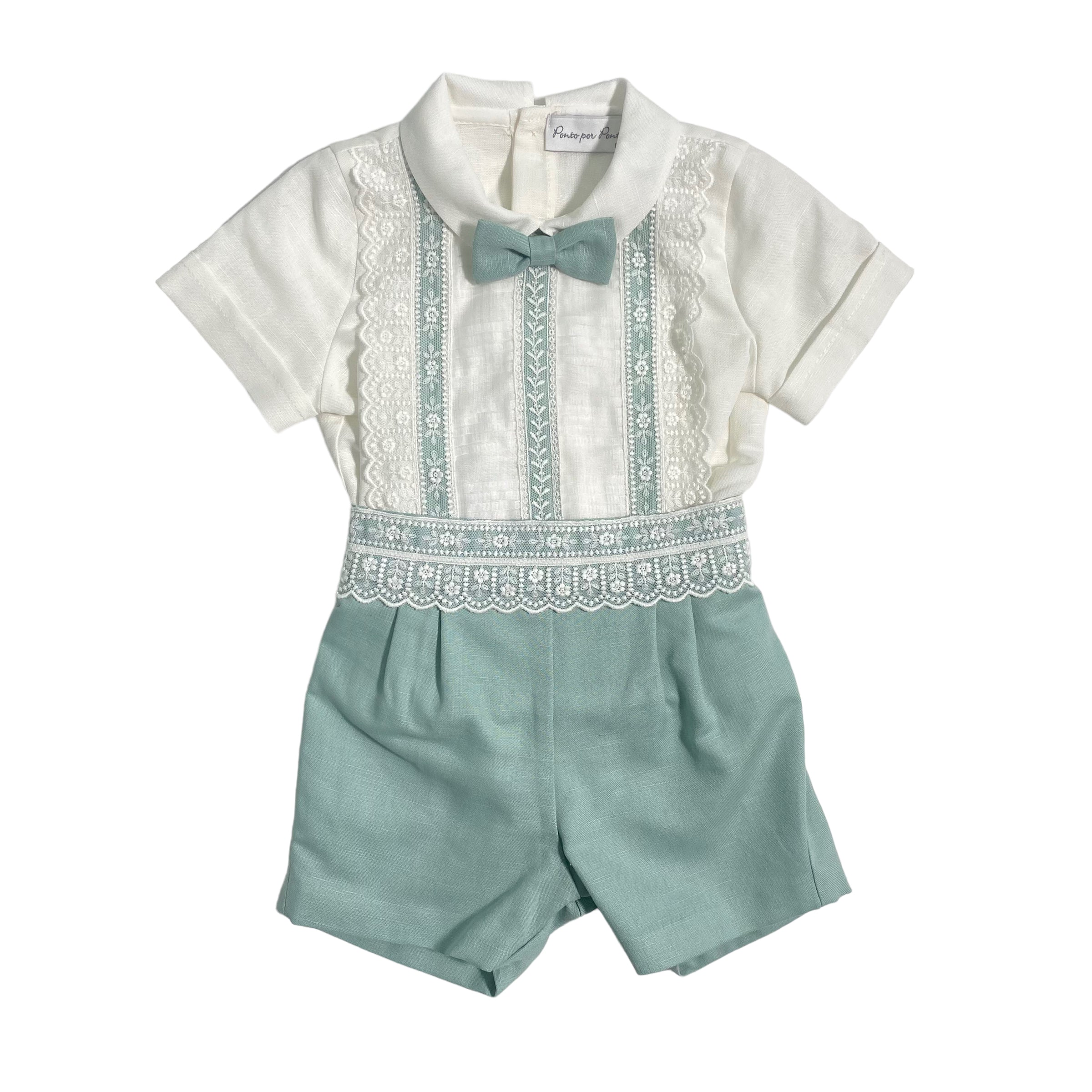 Completo Corto Elegante In Lino E Pizzo Con Bermuda Neonato PONTO POR PONTO 6135