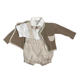 Beige Linen Dungaree Shirt Cardigan And Bow Tie Set LA SARTORIA DEI PICCOLI LPB1111