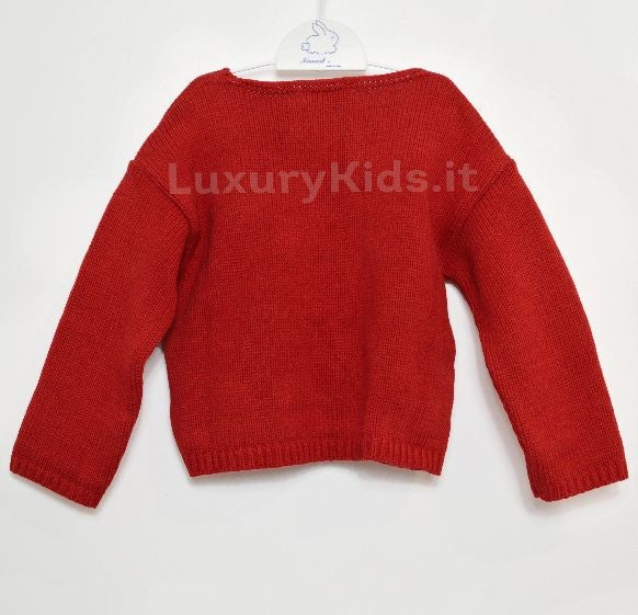 Cardigan in Misto Lana Rosso con Pon-Pon Neonata A&J 338 - A&J - LuxuryKids