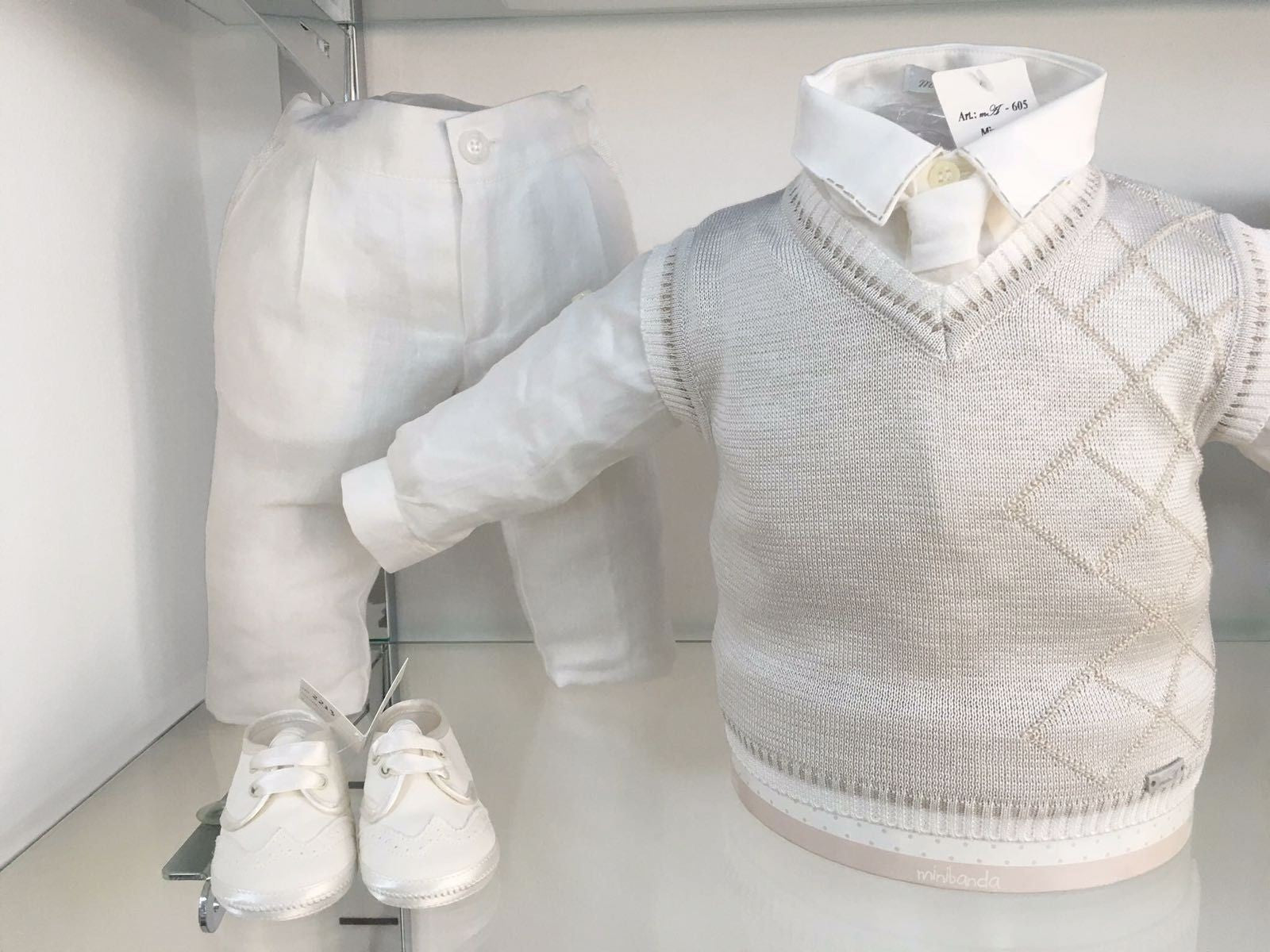 Completo Elegante In Lino Beige Neonato Creazioni Luana 605 - CREAZIONI LUANA - LuxuryKids