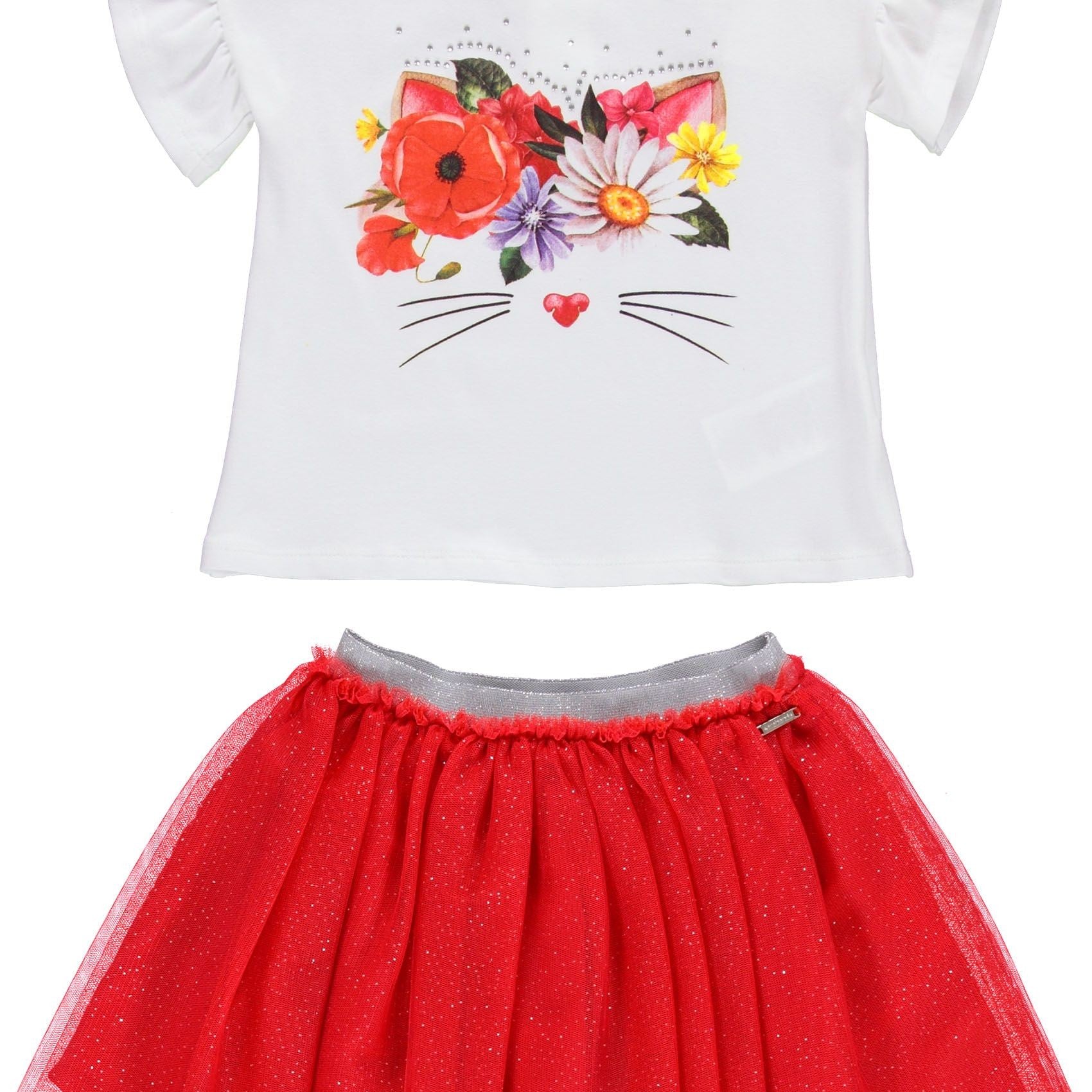 Completo Neonata In Cotone Con Gonna Rossa In Tulle e Shirt Bianca SARABANDA W256 - SARABANDA - LuxuryKids
