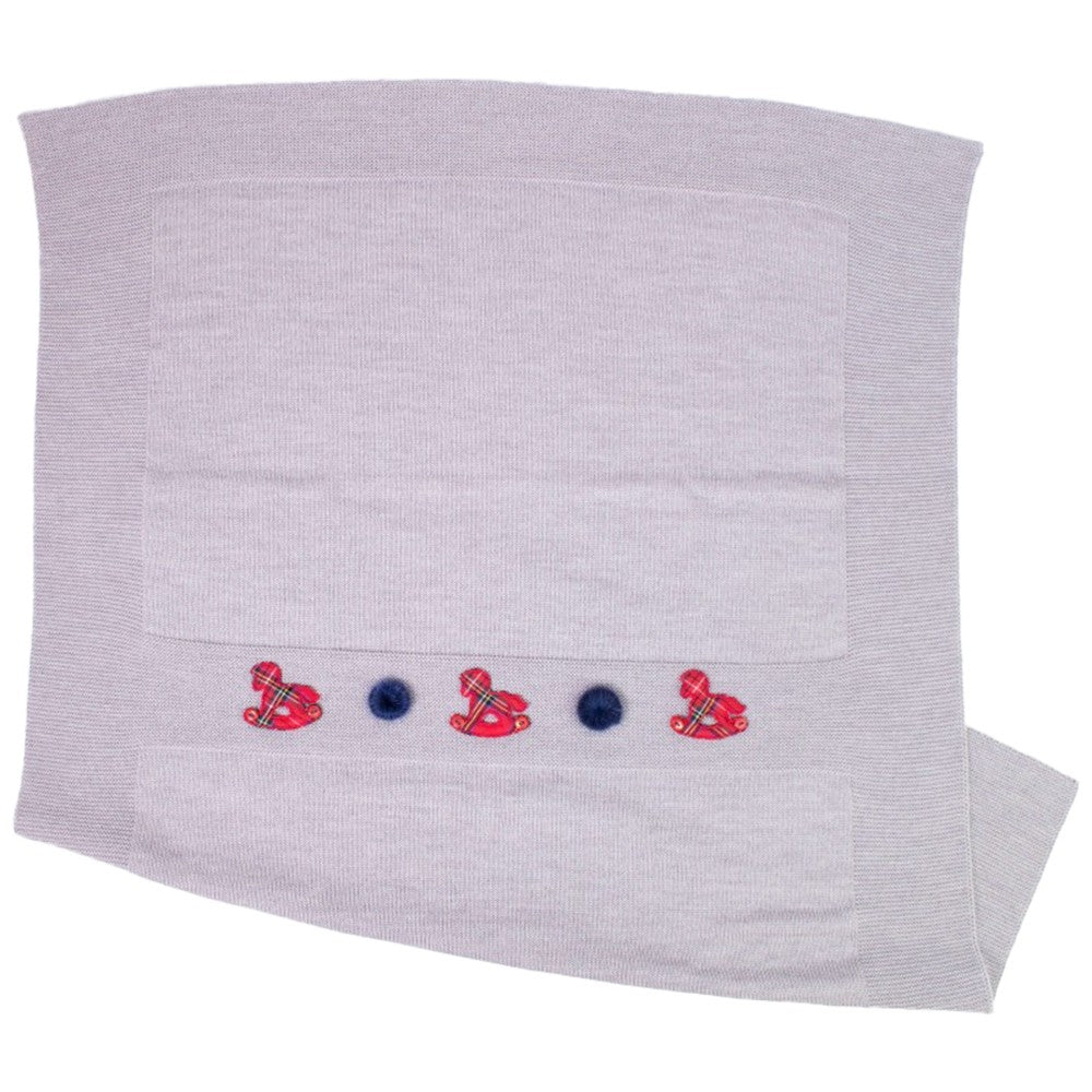 Copertina In Lana 100% Grigia Con Cavallucci A Dondolo Neonato NINNAOH I20COP223 - NINNAOH - LuxuryKids