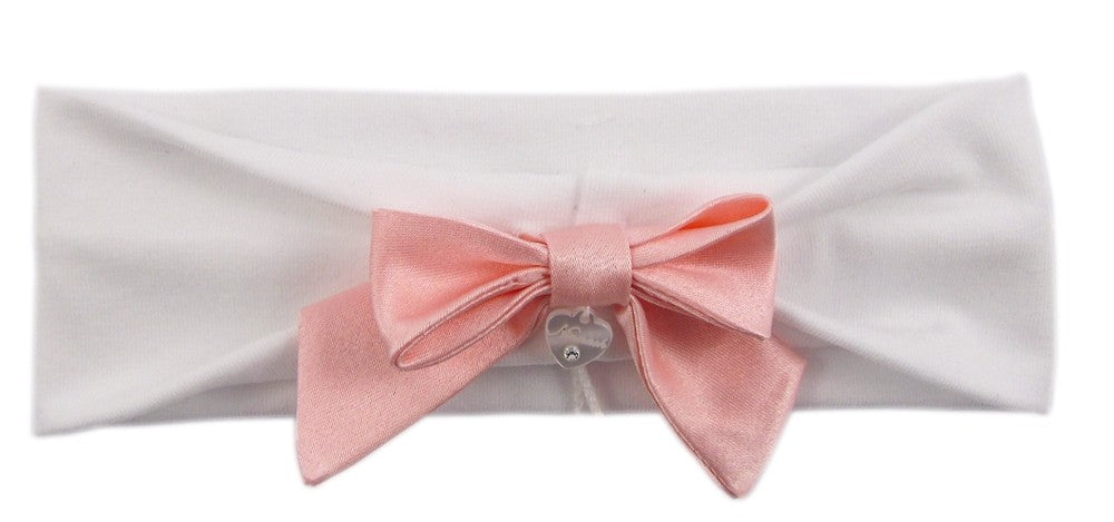 Fascia Elastica in Cotone Bianca Con Fiocco Rosa Pesca Neonata NINNAOH E2119 - NINNAOH - LuxuryKids