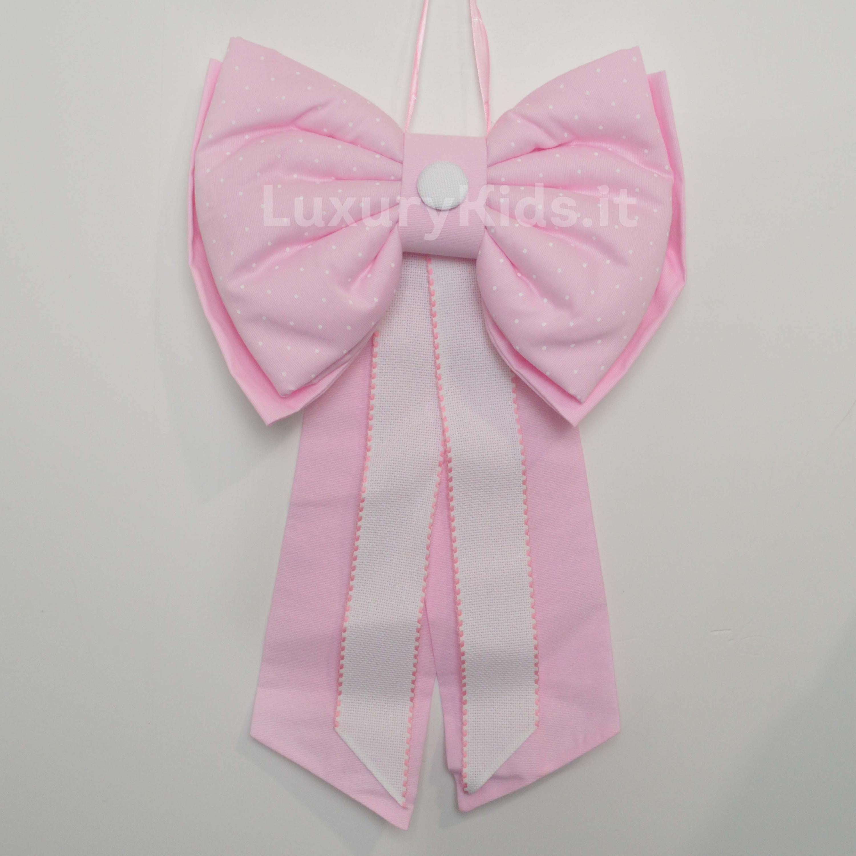 Fiocco Nascita Artigianale Rosa con Pois e Bande Ricamabili Per Neonata Handmade FIOCCOPOIS - HANDMADE - LuxuryKids