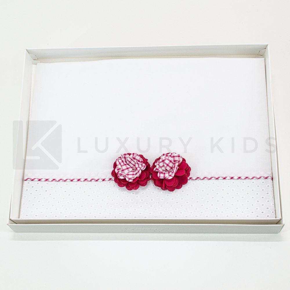 Lenzuolino Per Carrozzina In Cotone Bianco Con Fiori Rossi Neonata Ninnaoh E20LE11 - NINNAOH - LuxuryKids