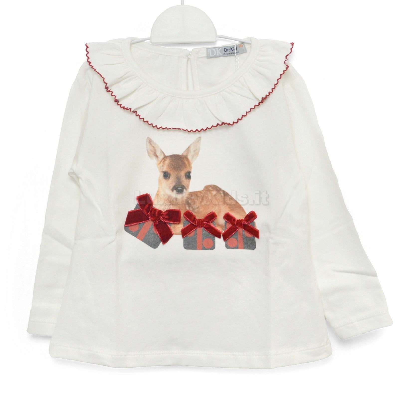 Maglia Girocollo Bianca con Stampa e Fiocchetti in Velluto Per Neonata Dr.Kids 380 - DR.KID - LuxuryKids