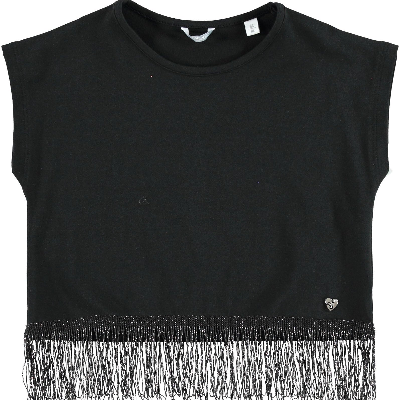 Maglia in Cotone Mezza Manica con Frange in basso Nera Bambina SARABANDA W422 - SARABANDA - LuxuryKids