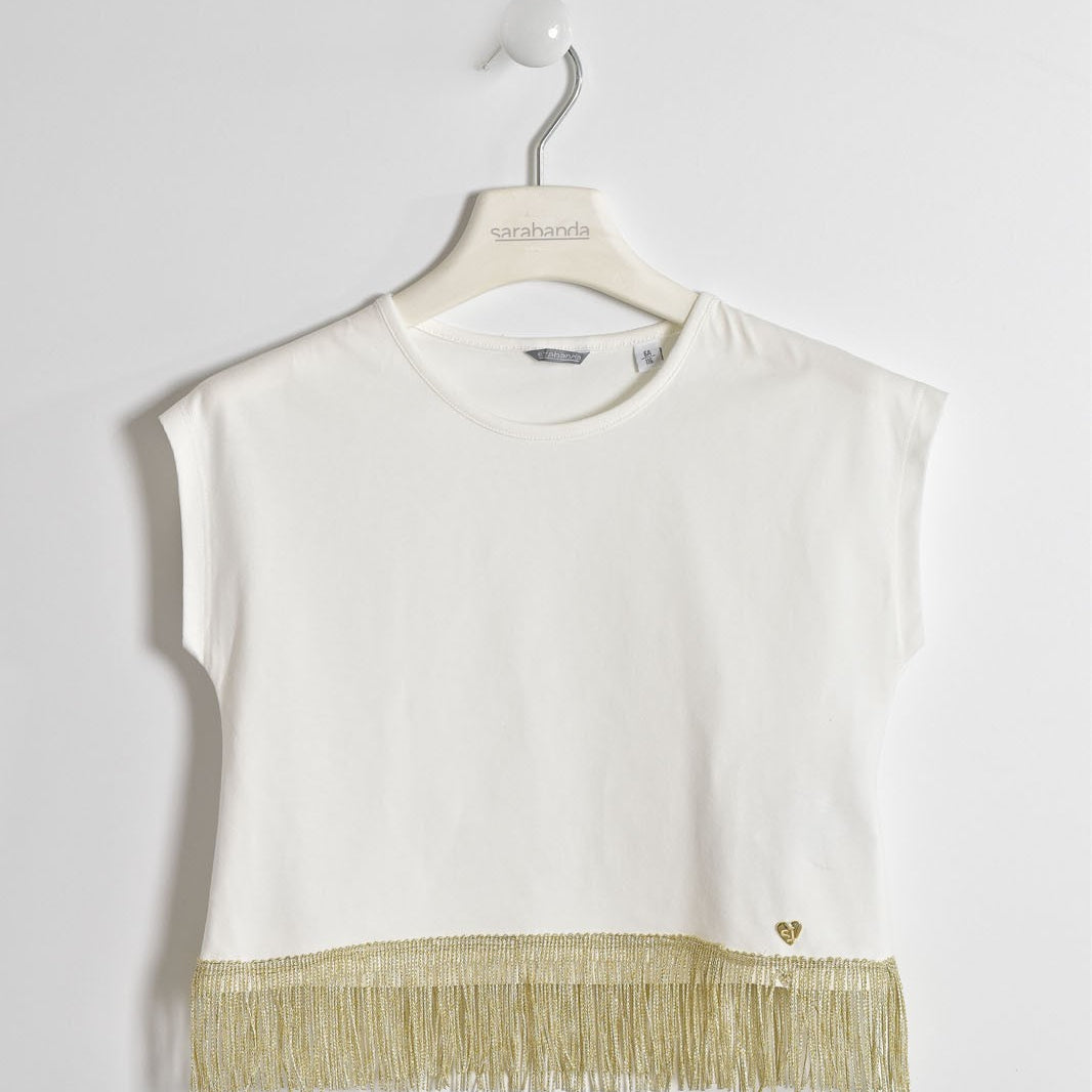 Maglia in Cotone Mezza Manica con Frange in basso Panna Bambina SARABANDA W422 - SARABANDA - LuxuryKids