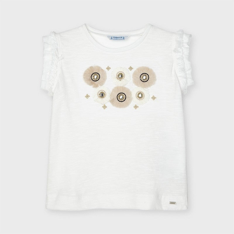 Maglia In Cotone Panna Giro Manica Rouches Con Applicazioni Fiori Bambina MAYORAL 3024 - MAYORAL - LuxuryKids