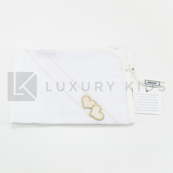 Quadrato Di Garza Bianco Con Cucitura Oro E Applicazione Di Cuoricini Neonata LA SARTORIA DEI PICCOLI LQ351 - LA SARTORIA DEI PICCOLI - LuxuryKids