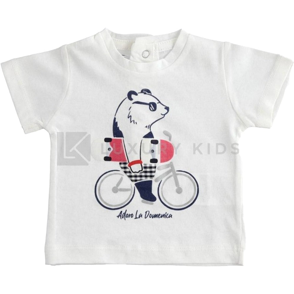 T-Shirt In Cotone A Manica Corta Bianca Con Stampa Panda Neonato Minibanda J660 - MINIBANDA - LuxuryKids