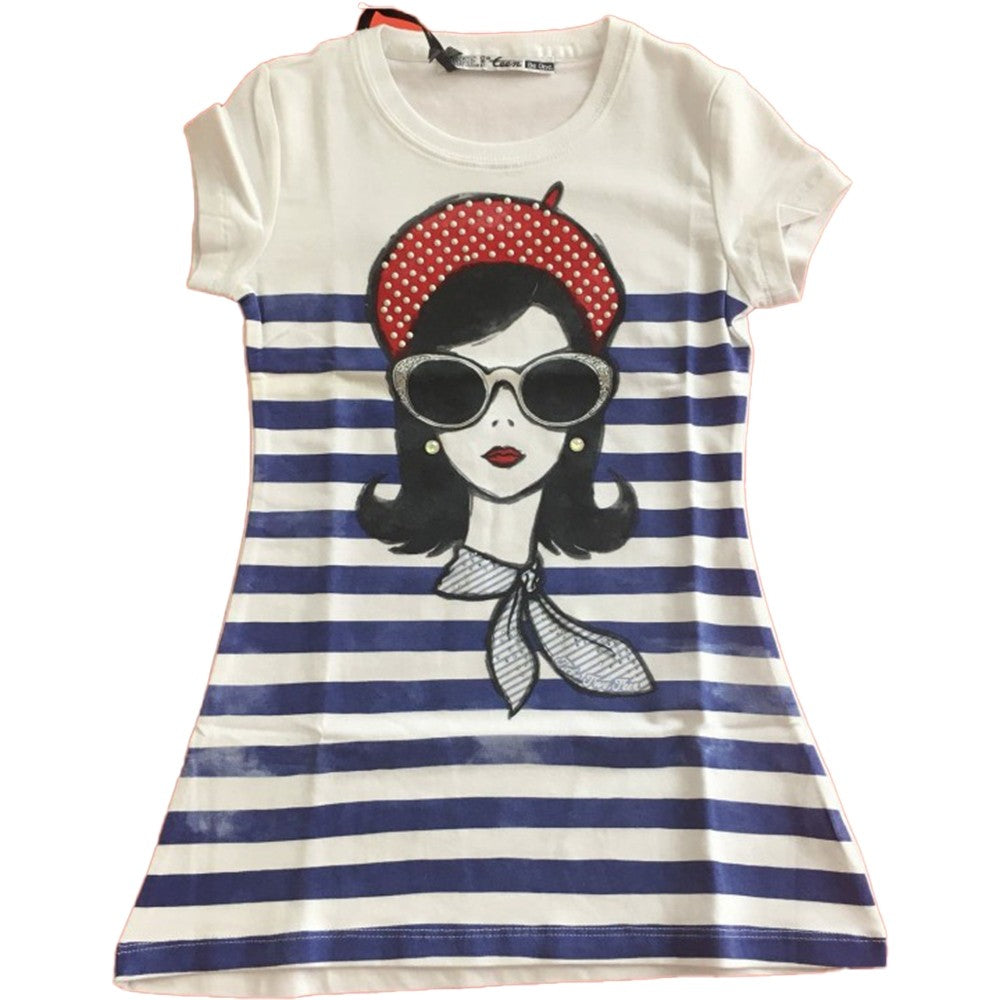 T-Shirt Lunga in Cotone Bianco-Blu con Stampa Bambina Take Two M02695 - TAKE TWO - LuxuryKids