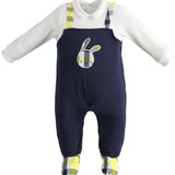 Tutina In Cotone Effetto Salopette Con Coniglietto Blu Neonato MINIBANDA 2677 - MINIBANDA - LuxuryKids