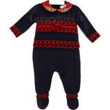 Tutina Spezzata con Fiocco in Velluto Blu-Rosso Neonata A&J 260 - A&J - LuxuryKids