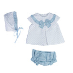 Vestito in Cotone a Pois Con Culotte e Cuffia Bianco-Celeste Neonata DEL SUR 0177 - DEL SUR - LuxuryKids