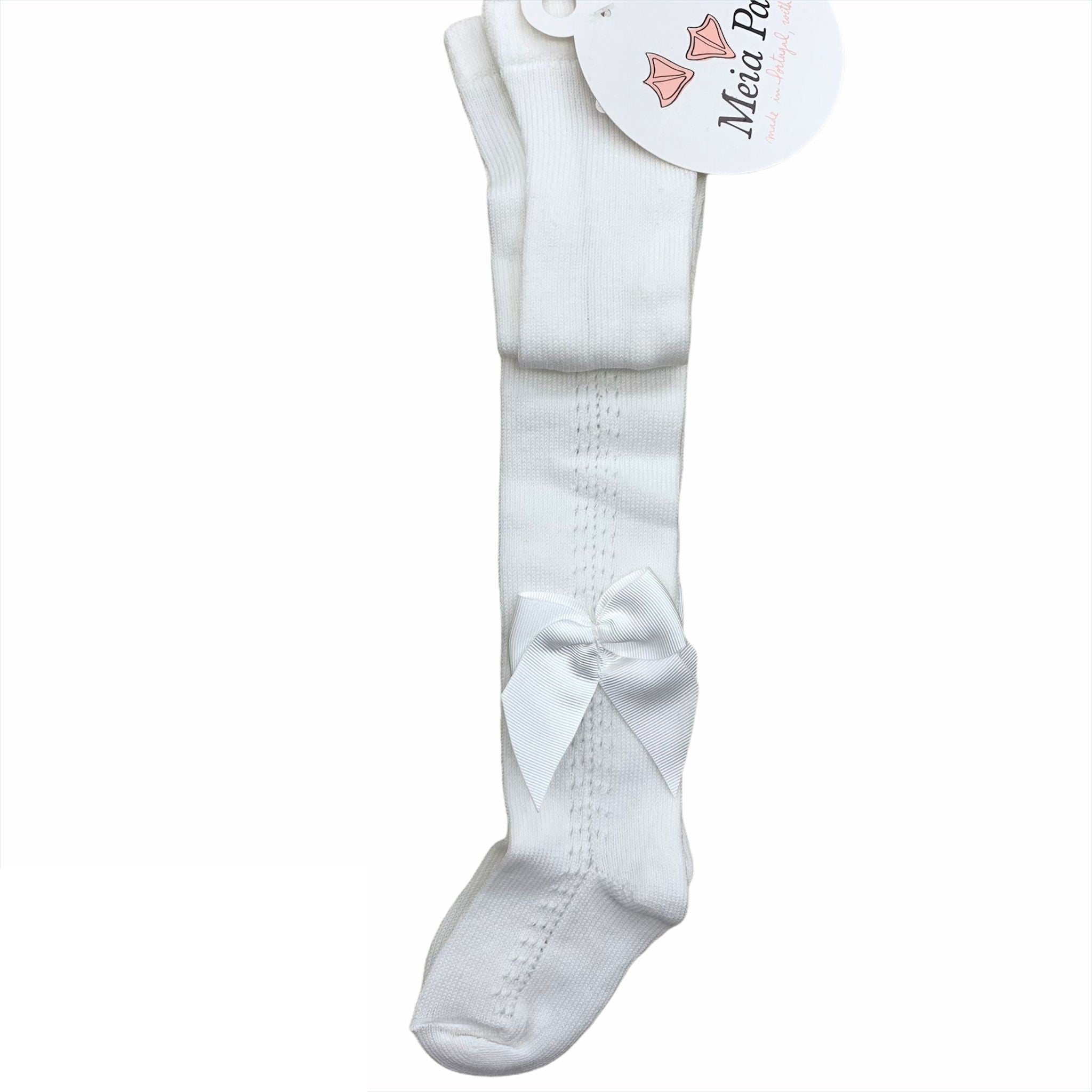 Calza In filo Traforata Con Fiocco in Gros Grain Bambina Bianco MEIA PATA 2016C - MEIA PATA - LuxuryKids