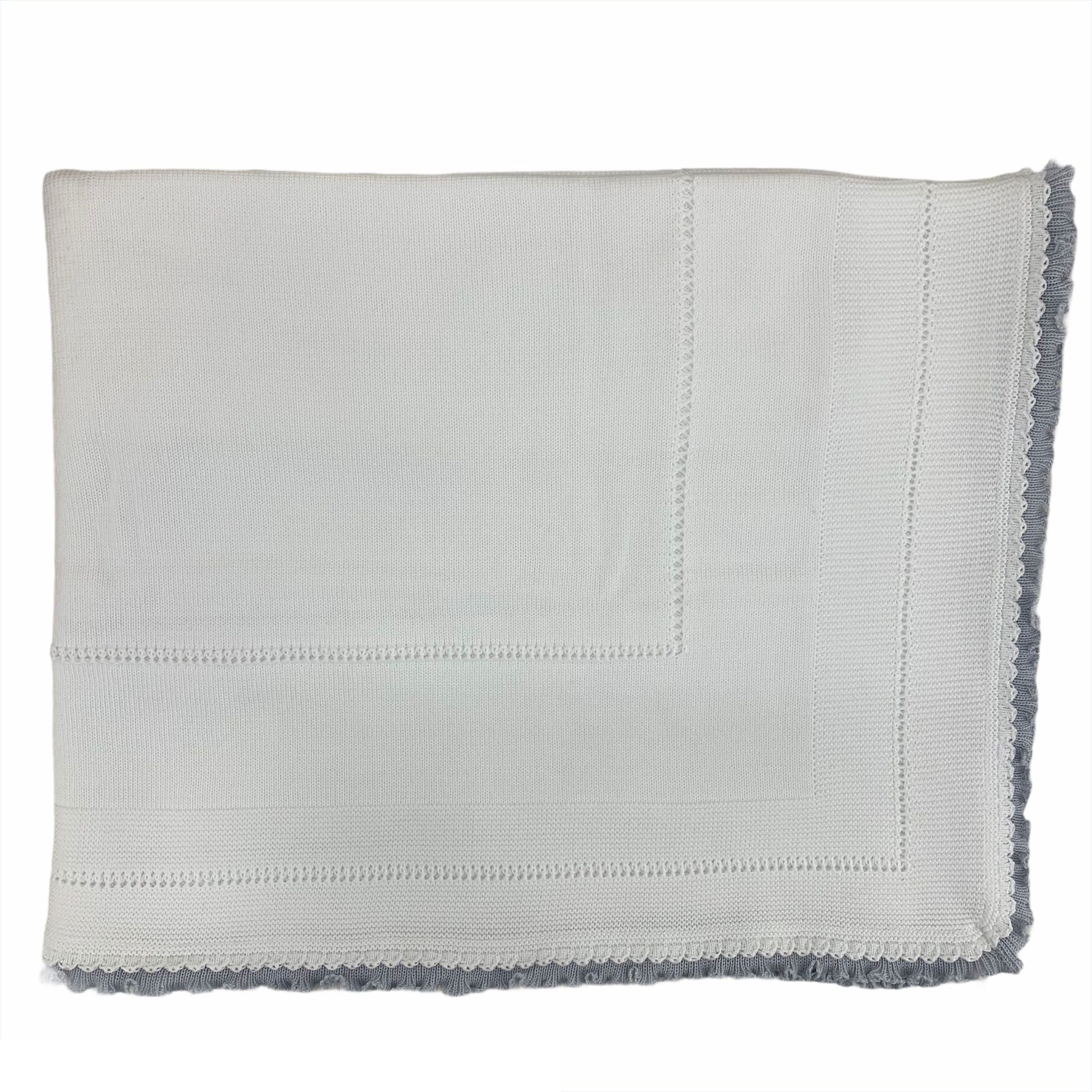 Coperta Corredino In Filo Di Cotone Bianca Con Smerlo Grigio Neonati GRANLEI 311 - GRANLEI - LuxuryKids