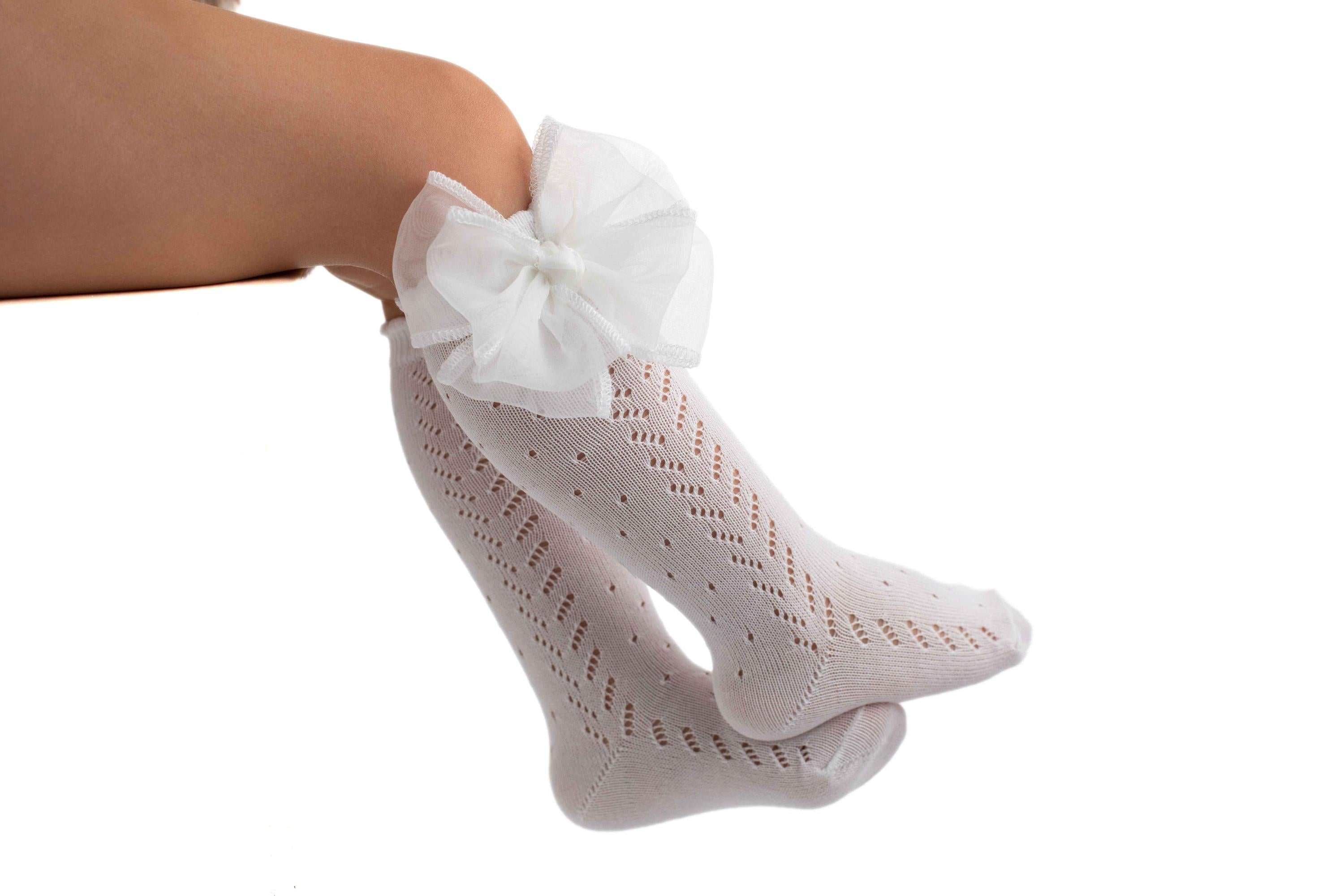 Calzini In Filo Di Cotone Lunghi Traforati Con Fiocco In Tulle Bambina MEIA PATA 1087M - MEIA PATA - LuxuryKids