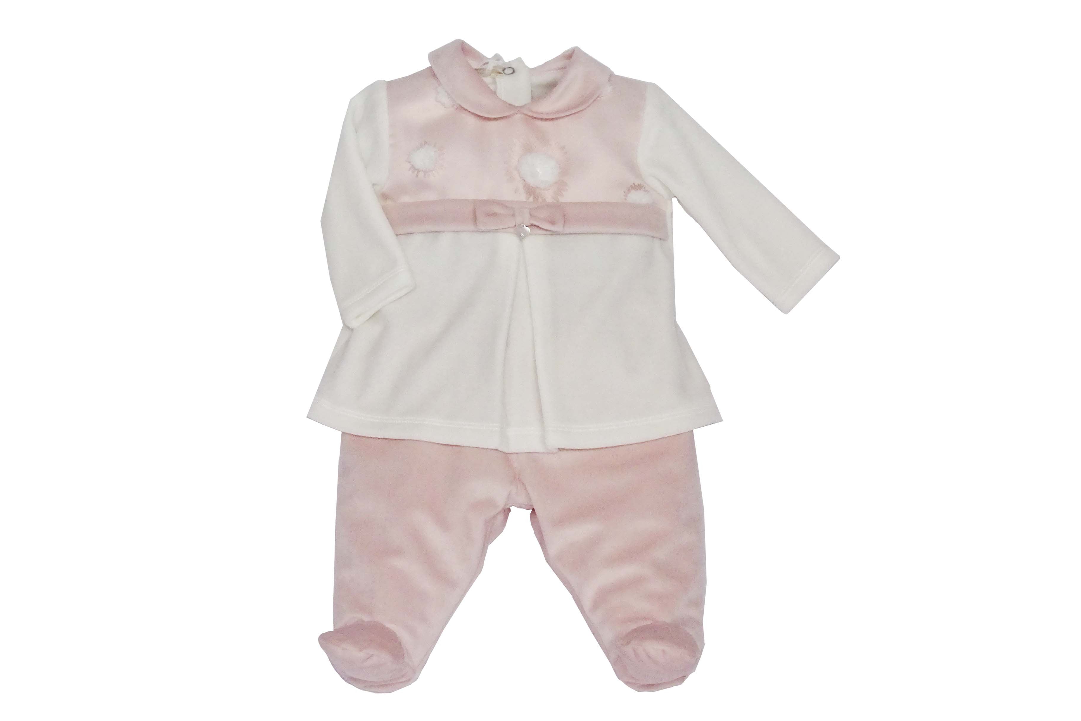 Tutina Spezzata In Ciniglia E Velluto Panna Rosa Neonata Tema Fiocco Di Neve NINNAOH I2172C - NINNAOH - LuxuryKids