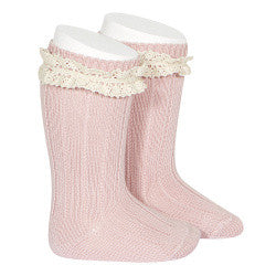 Calze Lunga A Coste con Merletto Vintage Caldo Cotone Bambina Condor 2438 - Condor - LuxuryKids