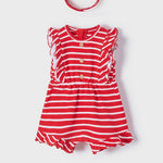 Pagliaccetto Smanicato Con Rouche a Righe Rosso e Fascia In Cotone Neonata MAYORAL 1684 - MAYORAL - LuxuryKids