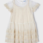 Abito In Cotone e Tulle Ricamato Beige Bambina MAYORAL 3935 - MAYORAL - LuxuryKids