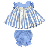 Abito Mezza Manica Celeste Con Fantasia A Righe E Culotte In Cotone Neonata YOEDU 0325 - YOEDU - LuxuryKids