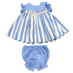 Abito Mezza Manica Celeste Con Fantasia A Righe E Culotte In Cotone Bambina YOEDU 0325 - YOEDU - LuxuryKids