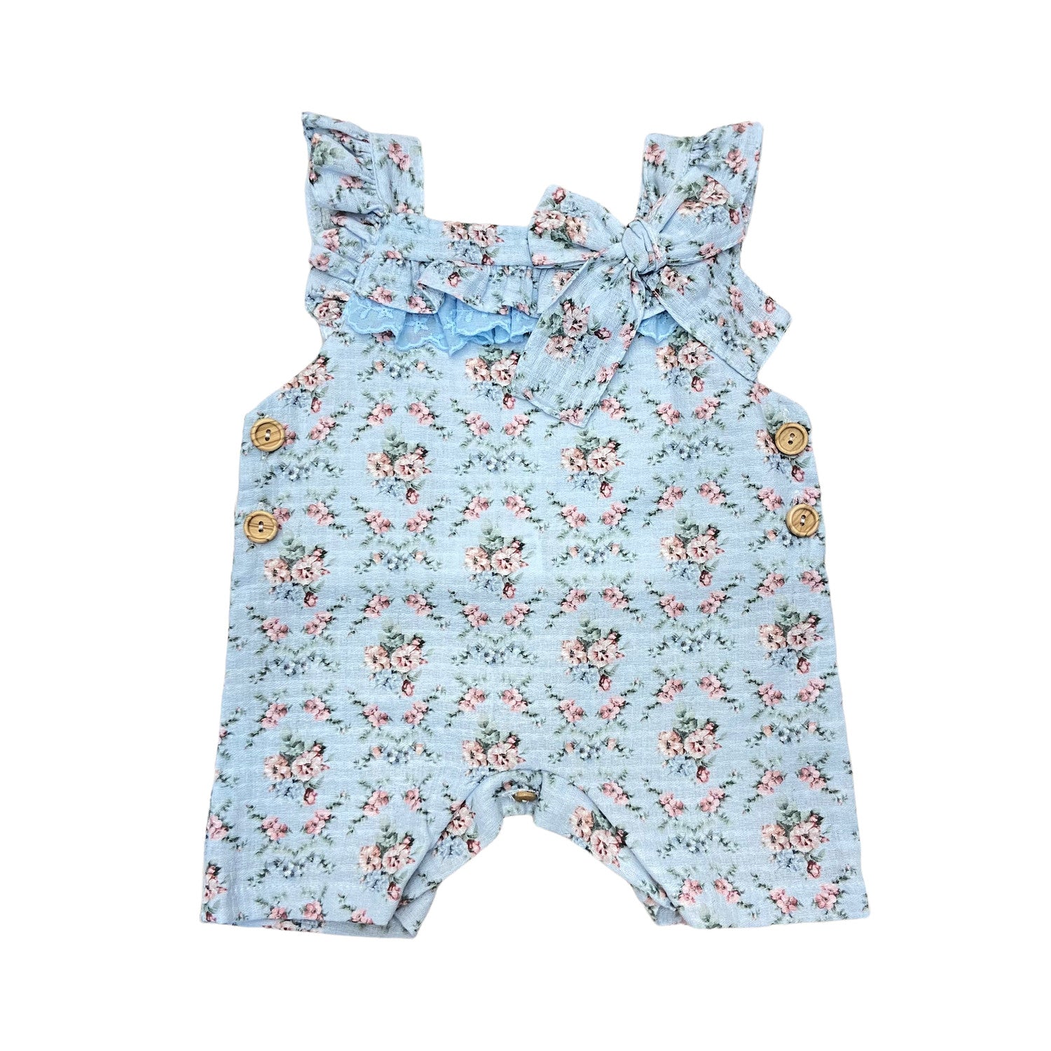 Salopette Con Spalline Celeste Con Fantasia Floreale E Apertura Laterale Neonata VALENTINA BEBES BSS76 - VALENTINA BEBES - LuxuryKids