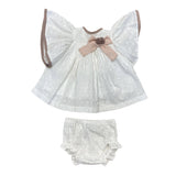 Abito Giro Manica Con Ruches In Pizzo San Gallo Bianco E Culotte Con Dettagli Rosa Neonata VALENTINA BEBES BSS15 - VALENTINA BEBES - LuxuryKids