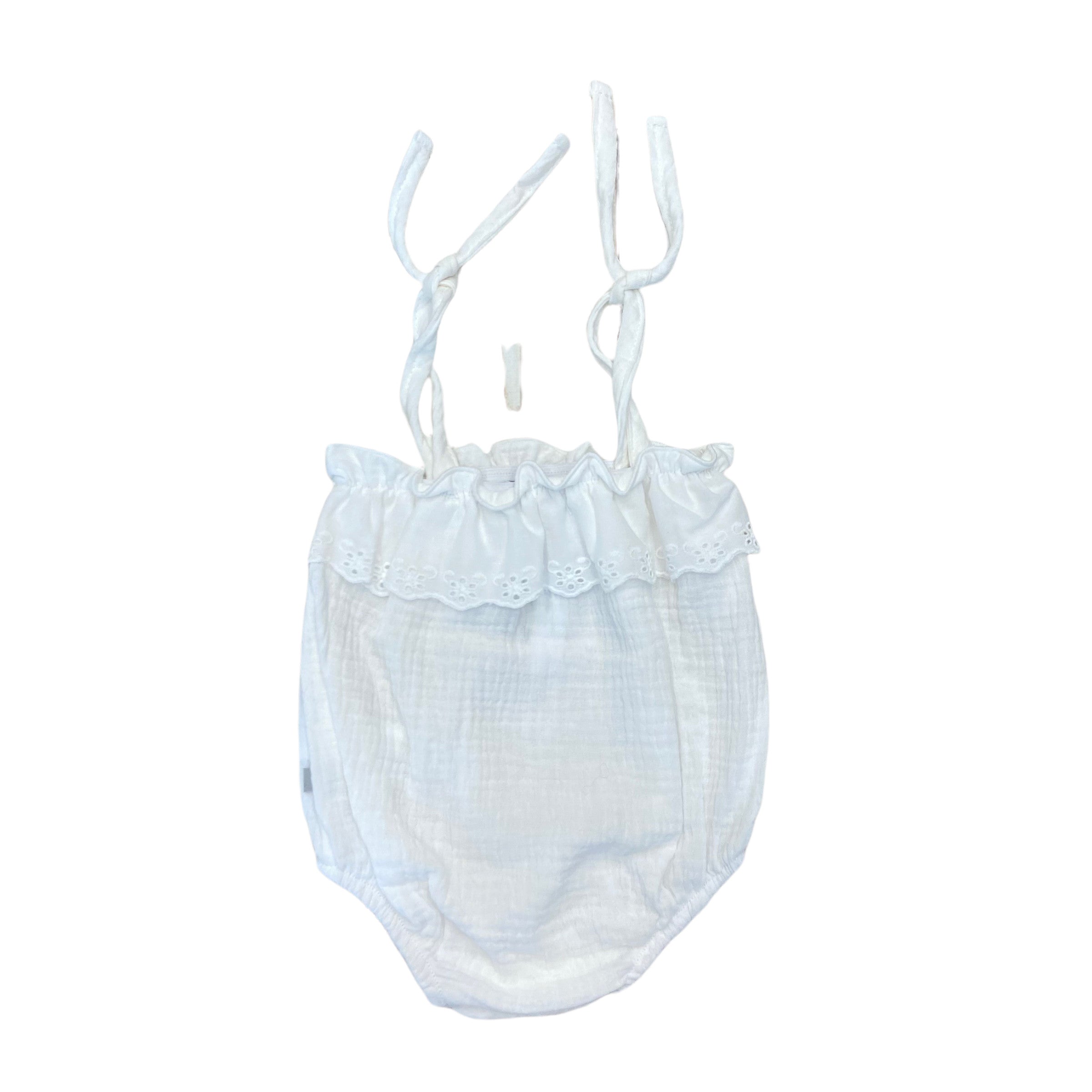 Pagliaccetto Con Spalline Strette In Garza E Balza In Pizzo San Gallo Bianco CALAMARO 32357 - CALAMARO - LuxuryKids