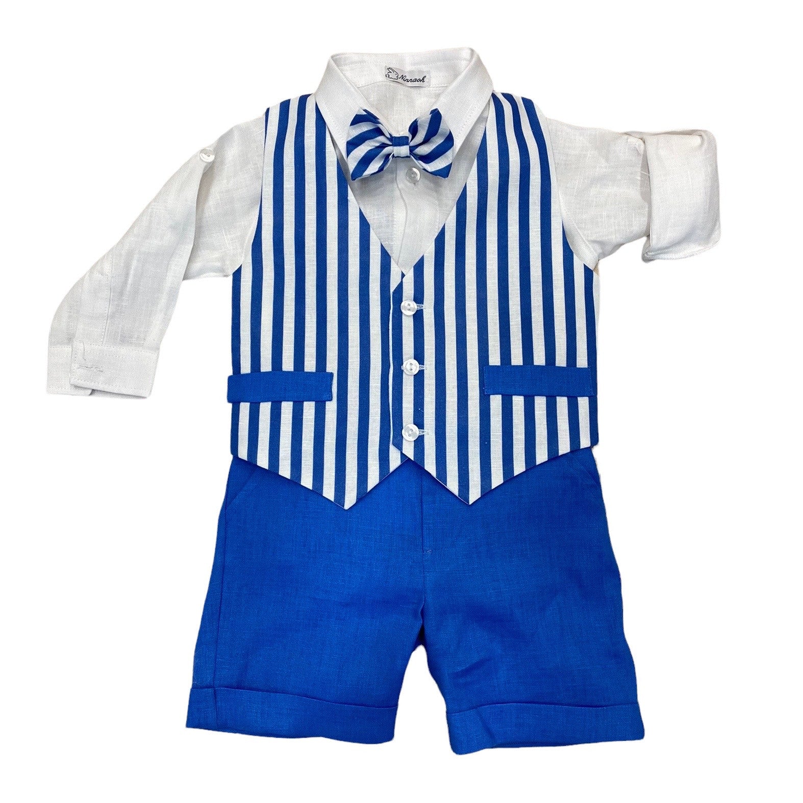Completo In Misto Lino Con Bermuda Camicia E Panciotto Blu Neonato NINNAOH E22212 - NINNAOH - LuxuryKids