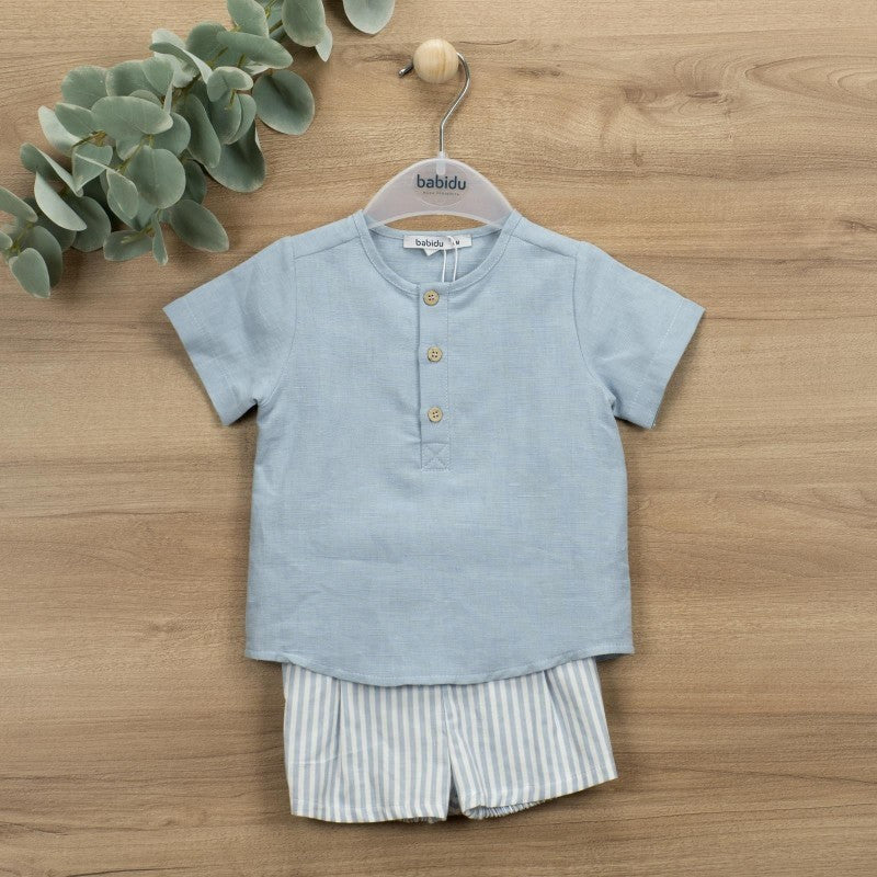 Completo Camicia e Pantaloncino Celeste In Misto Lino Bambino BABIDU 42480 - BABIDU - LuxuryKids