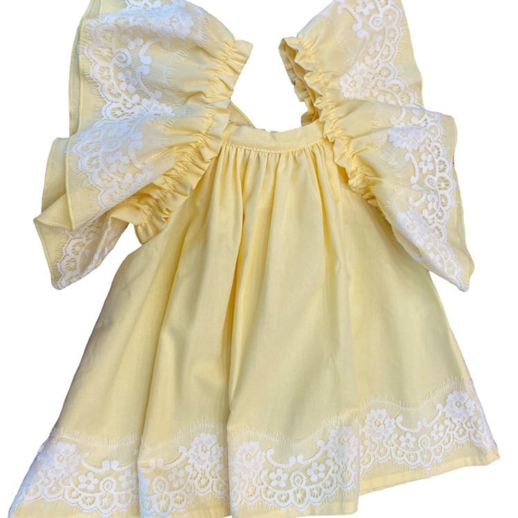 Abito Giallo In Cotone Con Pizzo Bambina Phi Clothing 22001 - PHY CLOTHING - LuxuryKids