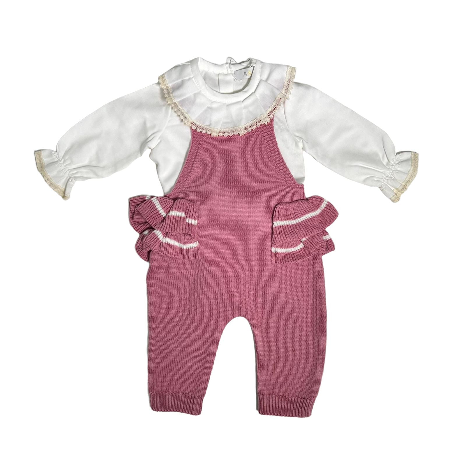 Completo Salopette Con Camicia Body In Caldo Cotone Rosa Antico Neonata A&J 165 - A&J - LuxuryKids