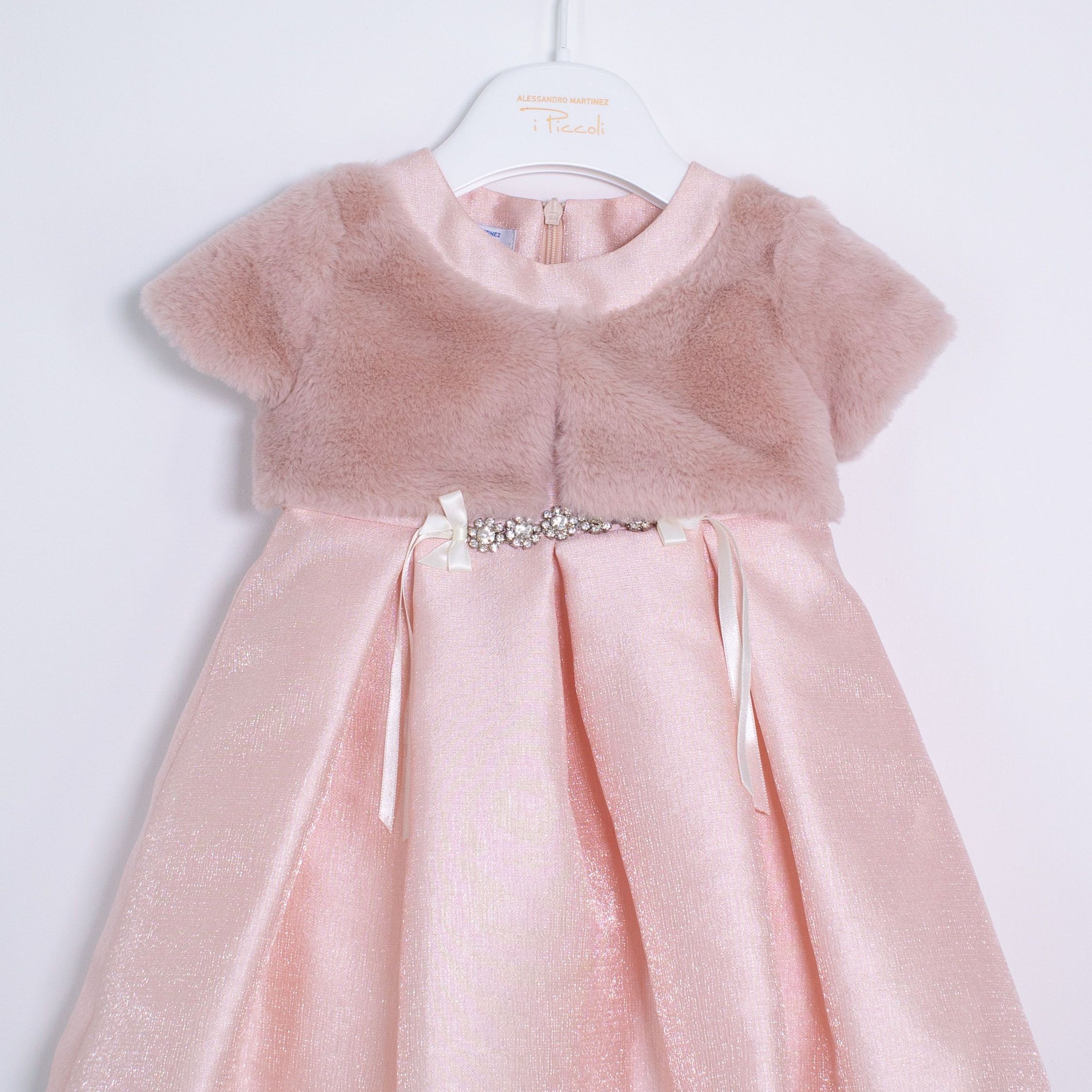 Abito Battesimale Cerimonia Elegante Raso Con Corpetto In Pelliccia Neonata ALESSANDRO MARTINEZ AM1116 - ALESSANDRO MARTINEZ - LuxuryKids