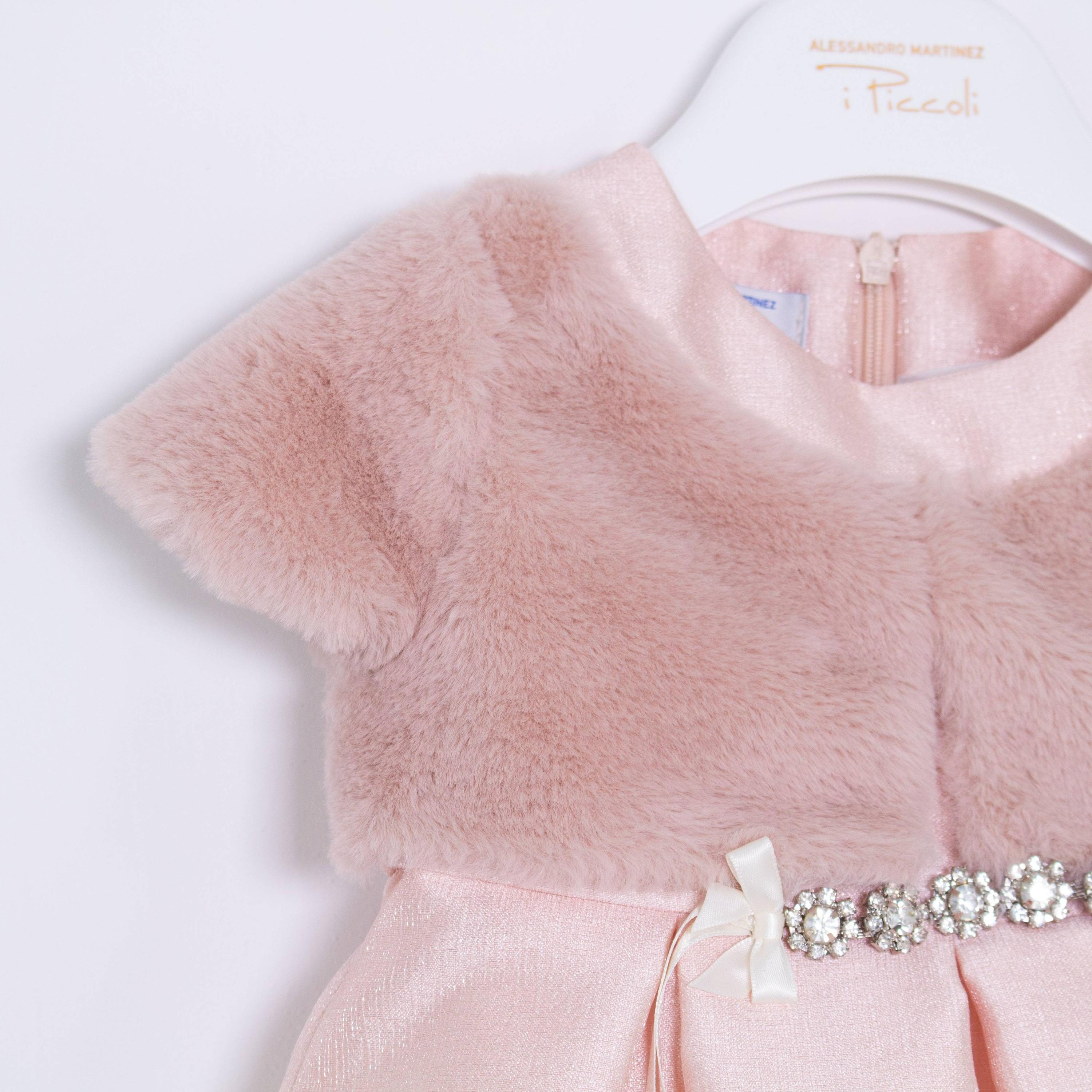 Abito Battesimale Cerimonia Elegante Raso Con Corpetto In Pelliccia Neonata ALESSANDRO MARTINEZ AM1116 - ALESSANDRO MARTINEZ - LuxuryKids