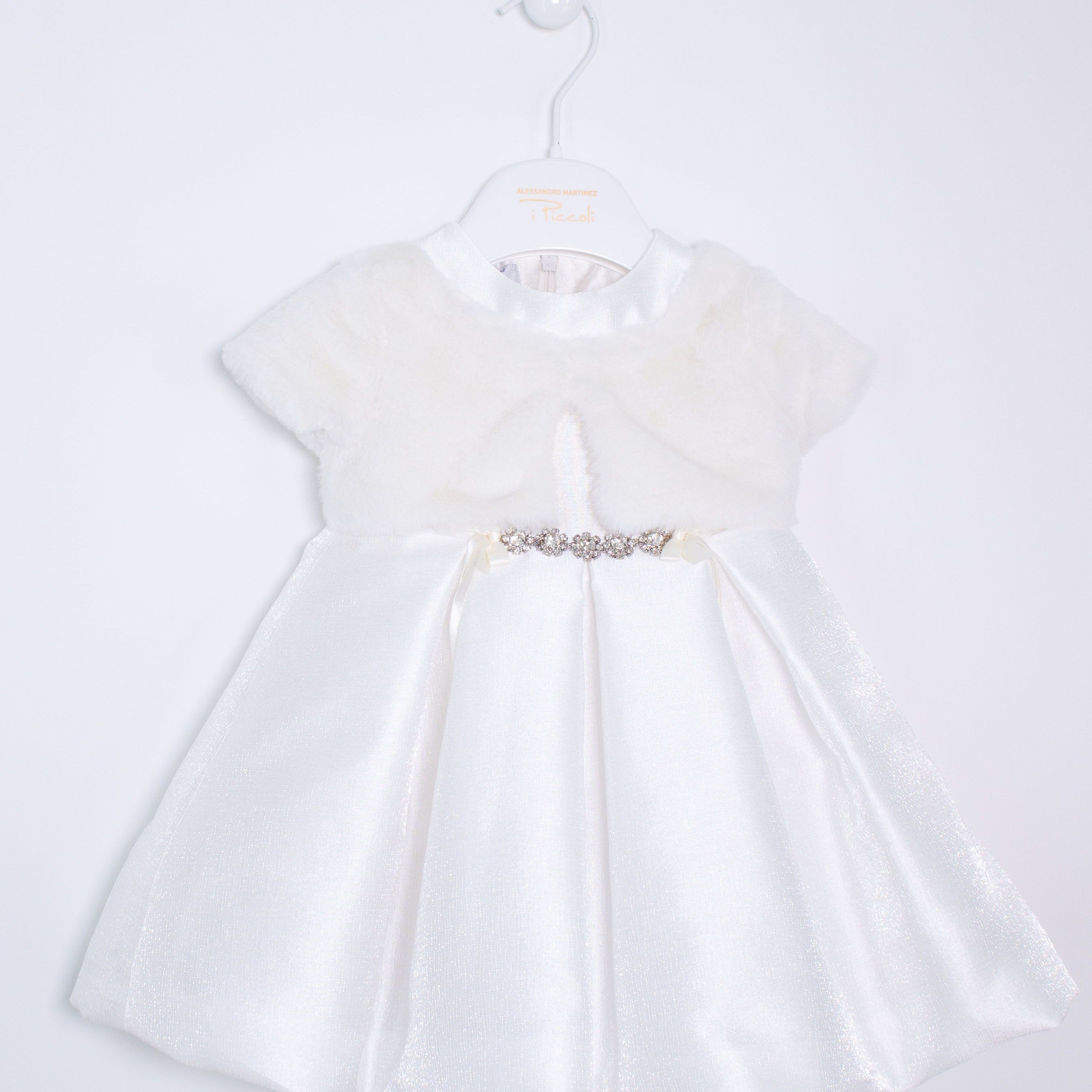 Abito Battesimale Cerimonia Elegante Raso Con Corpetto In Pelliccia Neonata ALESSANDRO MARTINEZ AM1116 - ALESSANDRO MARTINEZ - LuxuryKids