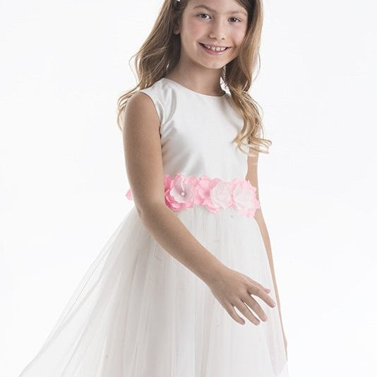 Abito Bianco Bambina Cerimonia Comunione Elegante Fiori Rosa Lesy 660 - LESY - LuxuryKids